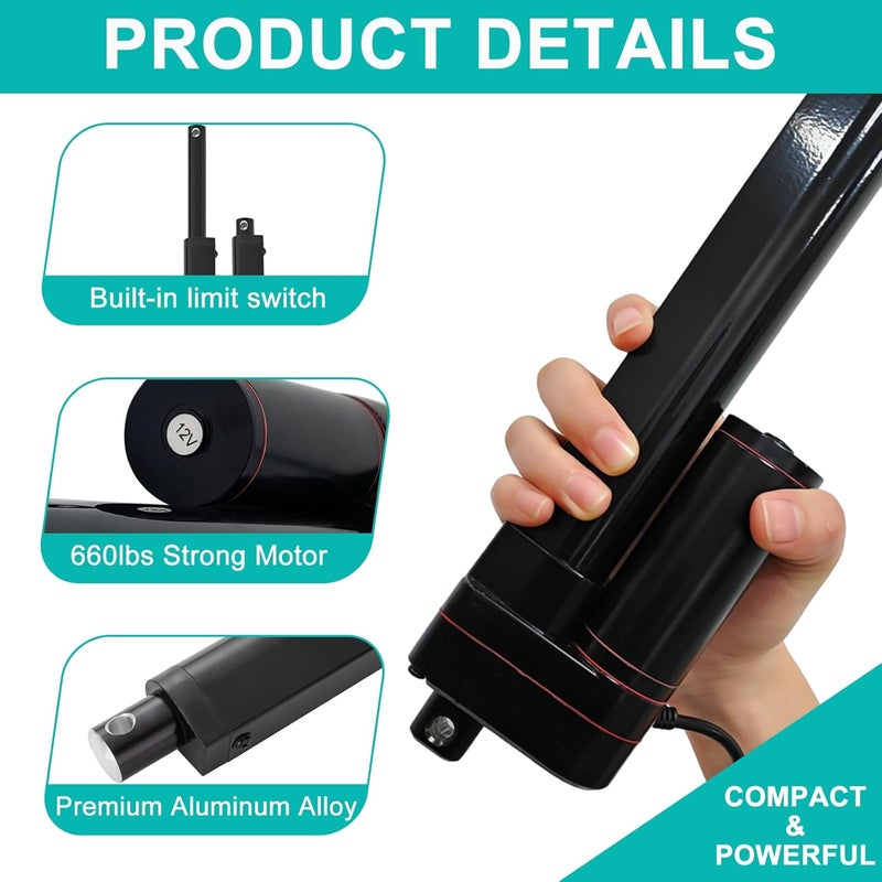JQDML Store محرك خطي 24 فولت بعمق 2 بوصة للاستخدام الثقيل 660 رطل/3000 نيوتن مقاوم للماء IP65 سرعة 0.2"/ثانية مع حامل تثبيت - Image 5